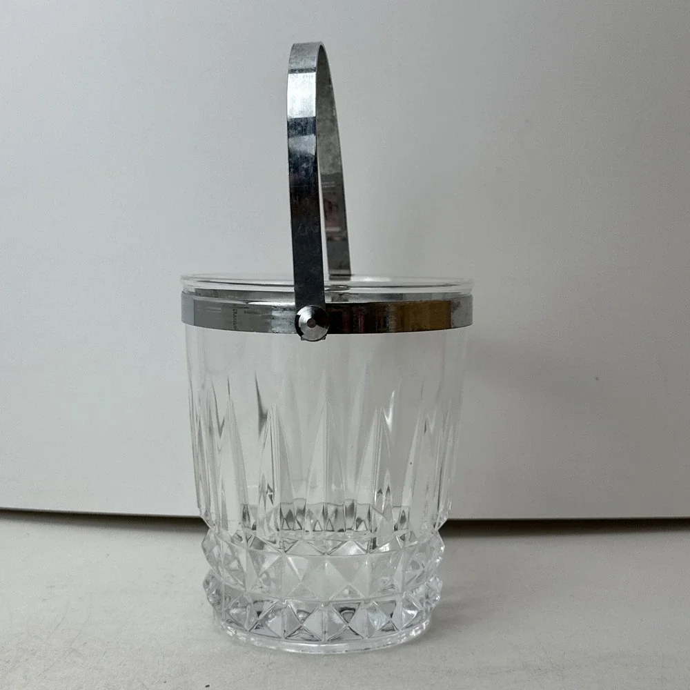 Vintage French Crystal D'Arques Glass Ice Bucket Clear Chrome Handle 5